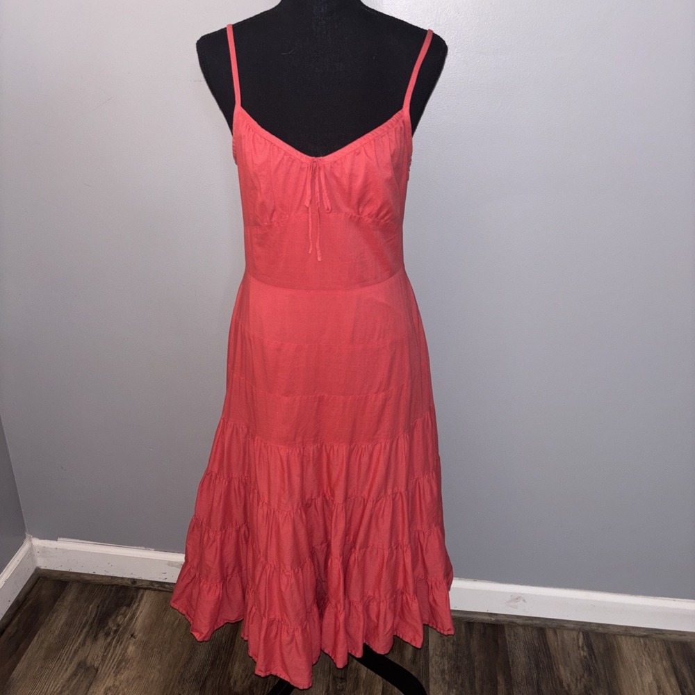 Ann Taylor Loft Coral Sun Dress Ruffled Hem Boho Babydoll‎ Peasant Women's Sz 4
